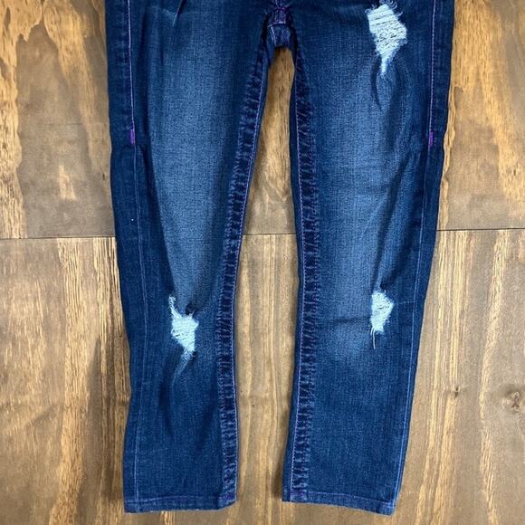 True Religion Womens Jeans Blue Denim Purple Stitching Distress Capri Stretch 26 - Picture 3 of 11